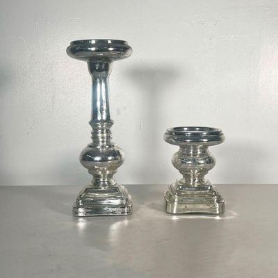 (2PC) MERCURY COLORED GLASS PILLAR CANDLESTICKS | Includes one tall and one short pillar. - h. 14.5 x dia. 5.5 in (taller) 