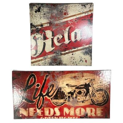 (2PC) PAIR VINTAGE STYLE GICLEE PAINTINGS | Paintings of weathered and distressed vintage signs on stretched canvas. One showing a...