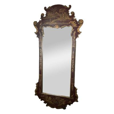GILT CHINOISERIE WOODEN MIRROR | Georgian style dark red painted mirror with gilt hand-painted decorations of Chinese nature and...