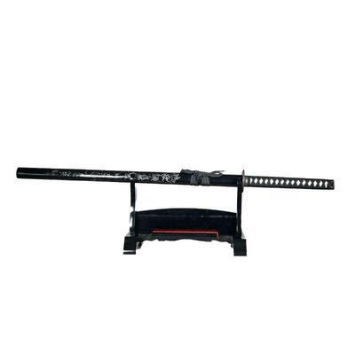 REPLICA JAPANESE SAMURAI SWORD | Replica samurai sword with black and red stand. Decorated with floral decorations on hilt and sheath. -...