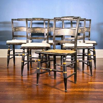 (6PC) HITCHCOCK STYLE CHAIRS | Black stencil painted chairs with rush seat. - l. 17 x w. 18 x h. 35.5 in 
