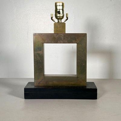 CONTEMPORARY SQUARE BRASS LAMP | Square brass lamp with black painted wood base and rectangular cream lampshade with matching finial. -...