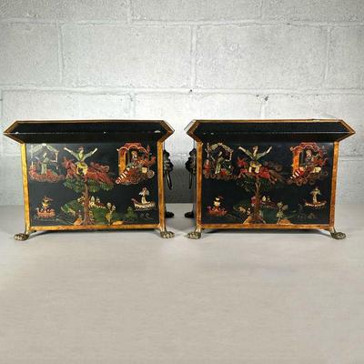 (2PC) PAIR CLAW FOOT DECORATIVE TIN BOXES | Black box with bronze painted border, depicting fantasy medieval scenes with lion bust in...
