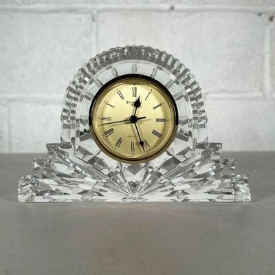 WATERFORD CLEAR CRYSTAL COTTAGE CLOCK | Clear cut crystal Waterford cottage clock with gold border and face. - l. 7 x w. 2 x h. 5 in 