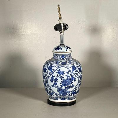 CHINESE BLUE & WHITE GINGER JAR | Blue and white hand painted Chinese lidded ginger jar mounted as a lamp. - l. 9 x w. 7 x h. 22 in 