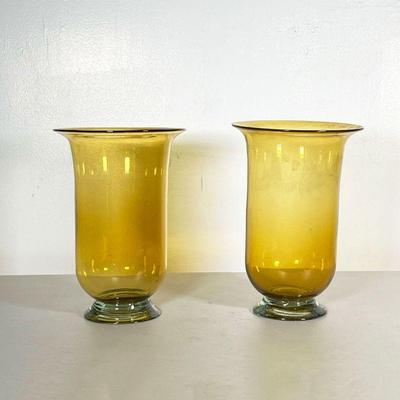 (2PC) PAIR YELLOW GLASS VASES | Pair of large blown yellow glass hurricanes. - h. 12 x dia. 8 in 