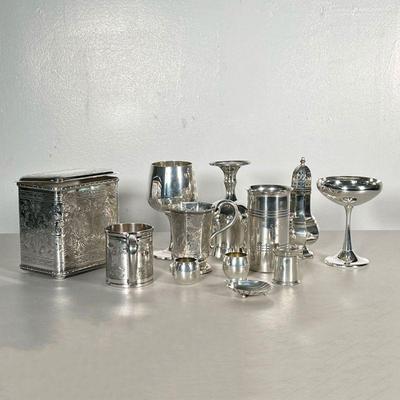 (12PC) LARGE SILVER PLATE LOT | Includes; wine glasses, tea tins, creamers, mugs and more. - l. 5.75 x w. 4 x h. 6 in 