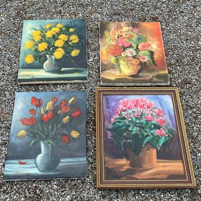 Enrico Tavino Flower Oil Paintings | These oil paintings on canvas depict various flower bouquets in assorted vases. Three are unframed...