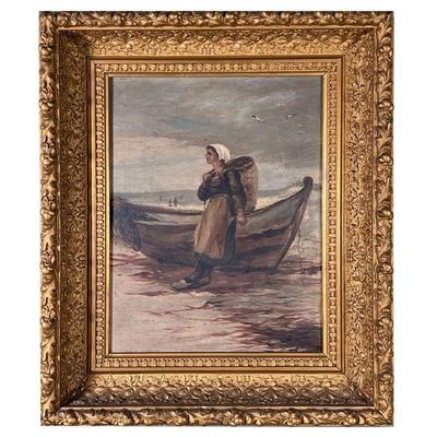 Fisherwoman Oil Painting | 19th century oil on canvas depicts Fisherwoman with Basket with the basket on her back, leaning against a...