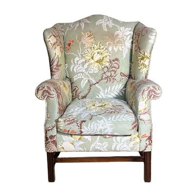 Chippendale Wing Chair | Chippendale style mahogany wingback chair with green leaf and butterfly upholstery design. - l. 32.5 x w. 29 x...