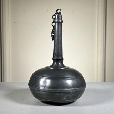 Pewter Bulbous Flask | Pewter Flask with cap on chain. Unknown touch marks on bottom. Great Patina. - h. 11.75 x dia. 7 in 