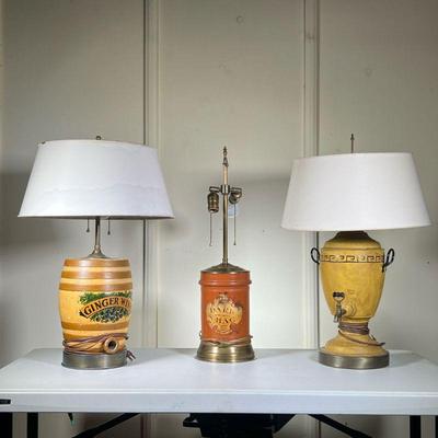 (3pc) Vintage Cooler Urn Crock Lamps | Lot Includes: one painted metal urn lamp, one crock 