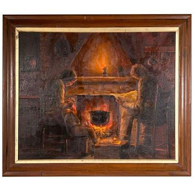Enrico Tavino Signed & Dated Hearth Oil Painting | Depicts family by fireplace in home, child sleeping in mother's lap, mother knitting,...