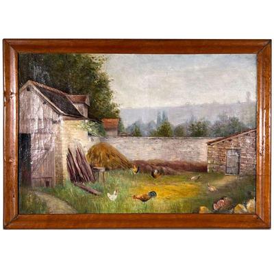 19th Century Farm Oil Painting | Antique oil painting depicting a farmyard with stone barns and grazing chickens. Indistinctly signed. -...