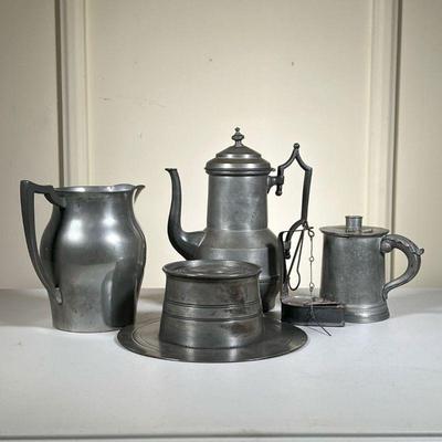 (5pc) EB Mannings Pewter & Other | Vintage Lot includes: (1) EB Mannings Coffeepot Patened June 1863. (1) James Mcreery water pitcher....