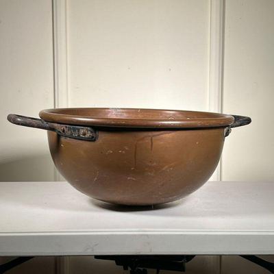 Medium Copper Kettle | Early American apple butter copper kettle with iron handles. - h. 9.5 x dia. 19.5 in 