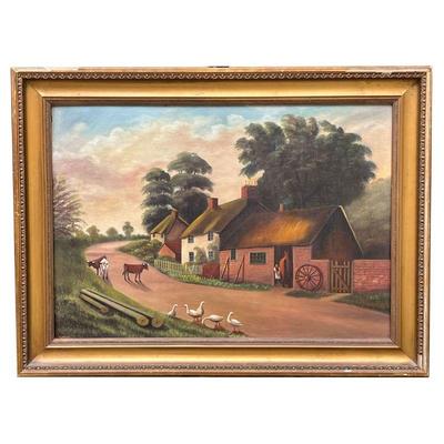 J. Hartnoll Farm Oil Painting | Depicts small farmhouse with barn, farrier fitting a horse with horseshoes, and various grazing ducks and...