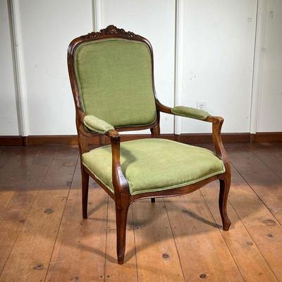 French Carved Arm Chair | Open armchair with shell and flower carving on crest. Cabriole legs. - l. 24 x w. 24 x h. 38 in 