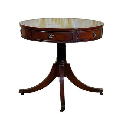 Mahogany Leather Drum Table | Inlaid green leather top, one functional drawer and five faux drawers with four-legged pedestal base. - h....
