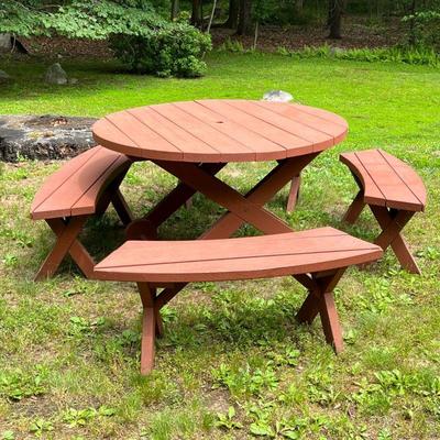 (5pc) Red Painted Circular Picnic Table Set | Classic style picnic table, painted red, with four conforming benches. - h. 29 x dia. 40 in 