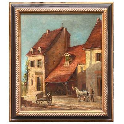 French School (19th/20th Century) | Painting showing figures and horses in a town scene. Signed lower left. - l. 26.5 x h. 30.75 in 