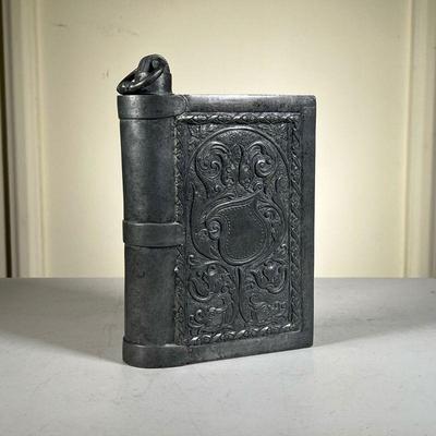 Pewter Book Flask | Vintage Pewter Book Flask in Renaissance style, hand chased with acanthus leaf scrolls and dolphins on one side and a...