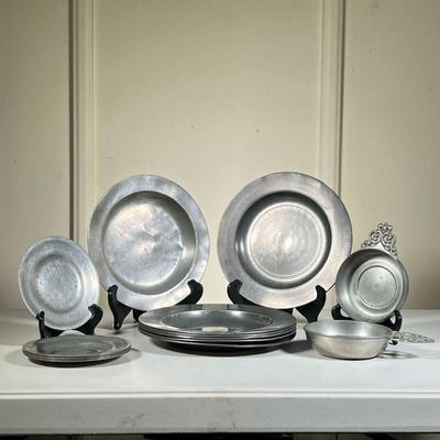 (14pc) Pewter Plates & Porringers | Lot Includes: (6) Matching Plates with unknown touch mark 9.75 Dia. (7) Matching Plates. 6â€ Dia....