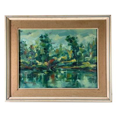 Enrico Tavino Impressionist Oil Painting | An impressionist lakeside scene with water and a surrounding forest. Signed and dated lower...