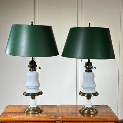 (2pc) Pair White Porcelain Oil Lamps | Two electrified oil lamps with brass base and white ceramic stem. - h. 29 x dia. 6.5 in 