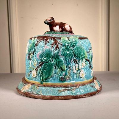 Majolica Cheese - Cake Dome | Majolica in blue with flowers and cow finial. - h. 9.75 x dia. 10 in 