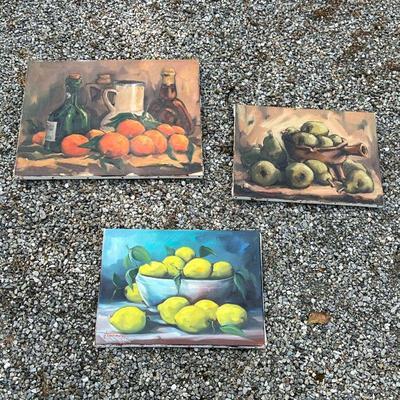 (3pc) Enrico Tavino Still Life Oil Paintings | Oil paintings depict pears, lemons, and oranges. All unframed on stretched canvas. - l....