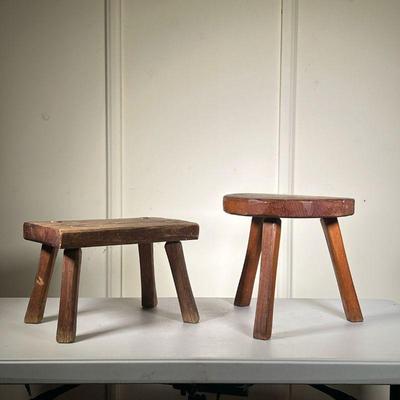(2pc) Carved Stools | One round and one rectangular stool. Legs are pegged through top. - l. 14.75 x w. 9.5 x h. 10 in (Rectangular Stool) 