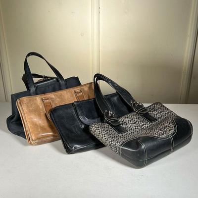 (4pc) Coach Handbags And Purses | Includes one brown and one black leather rectangular purse, one black handbag, and one coach pattern...