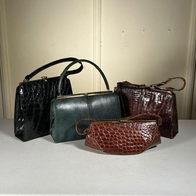 (4pc) Alligator Leather & Snakeskin Bags | Includes: black alligator leather bag, 2 brown alligator leather purses, larger one Deitsch by...