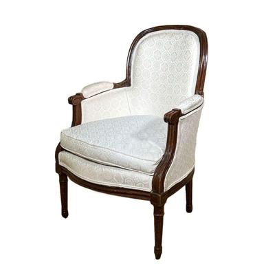 Louis XV Style Bergere | French style mahogany armchair with rounded back and armrests and cream upholstery. - l. 26 x w. 25 x h. 35 in 