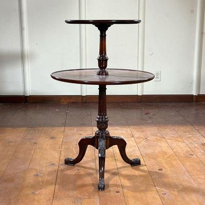 Two Tier Table | Vintage mahogany two-tier table on carved urn column with three carved cabriole legs, pad feet. - h. 35.5 x dia. 23 in...