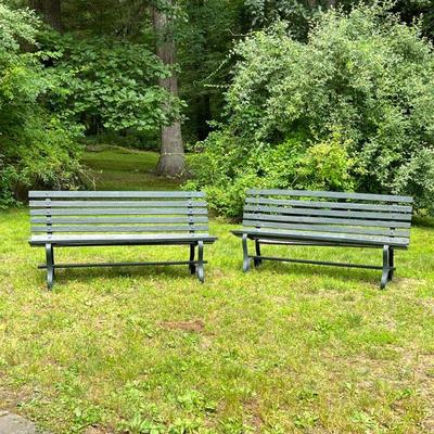 (2pc) Vintage Park Benches | Pair of early-mid 20th century park benches, iron frames with bolted wood slats, green paint. - l. 60 x w....