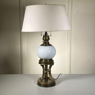 Porcelain Brass Oil Lamp | White porcelain oil lamp on very detailed raised brass base. Electrified with shade. - h. 19 x dia. 6.5 in (To...