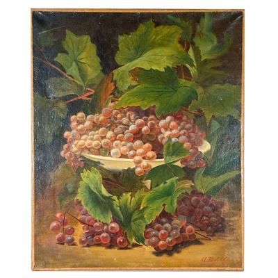 Still Life (20th Century) | Still life painting of grapes in a bowl and leaves. Signed indistinctly on the lower right and dated 1911. -...