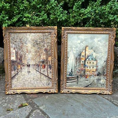 (2pc) European Impressionist Oil Paintings | Pair of impressionist European oil paintings, signed in lower right corner in matching gilt...