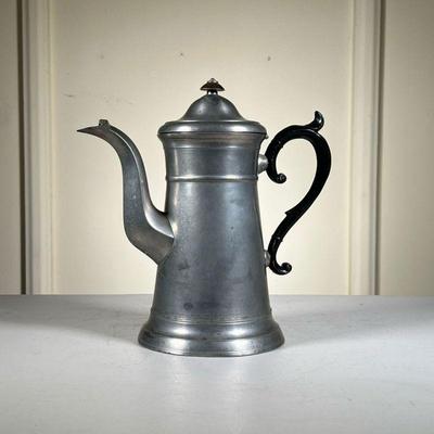 F. Porter Pewter Coffee Pot | 19th century Freeman Porter Coffee Pot, Westbrook ME Handle painted black; touch mark on bottom. - h. 11 x...