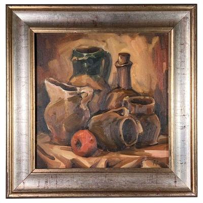 Enrico Tavino Still Life | Still life oil painting depicting various pitchers and other vessels. Signed and dated â€˜77. - l. 23 x h. 23 in 