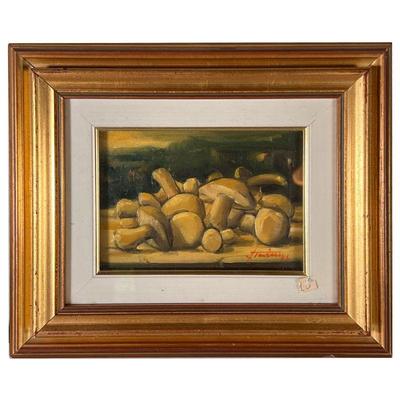 Enrico Tavino Mushroom Painting | Still life painting of mushrooms in gilt frame. Signed and dated â€˜83. 7 x 5 in. sight. - l. 12.75 x...