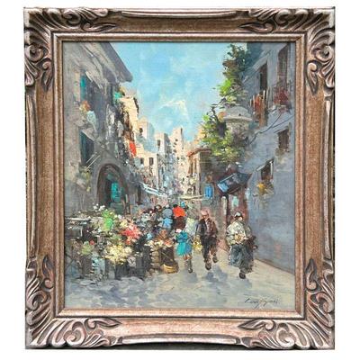 E.B. De Angelis Signed Oil Painting | Early 20th century oil painting depicting a market scene on busy road. Signed in lower right...