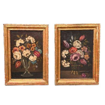 (2pc) Pr. Flower Bouquet Oil Painting | Pair of colorful flower bouquet oil paintings in gilt frames. - l. 13.5 x h. 19 in 
