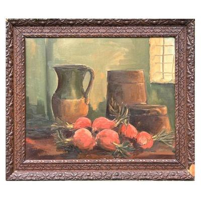 Enrico Tavino Large Framed Oil Painting | Interior still life scene of beets, kitchen crocks, and pitchers. - l. 28.5 x h. 24 in 