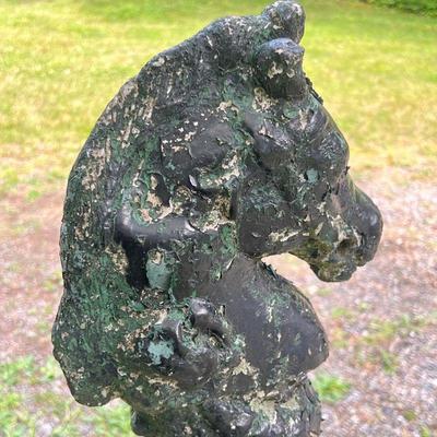 Antique Iron Hitching Post | Antique cast iron hitching pose with horse head. - h. 45 in (top to anchor base) 