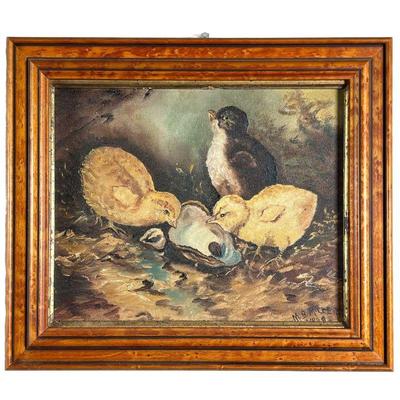 1909 Painting Of Baby Pheasants | Framed painting of three recently hatched pheasant nestlings; signed and dated lower right â€œM.B....