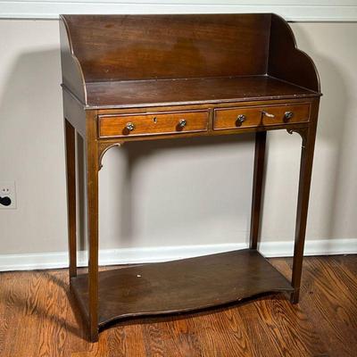 Antique Dry Sink | Wood washstand with two drawers and a lower shelf for storage, key present. - l. 30 x w. 14 x h. 39 in 