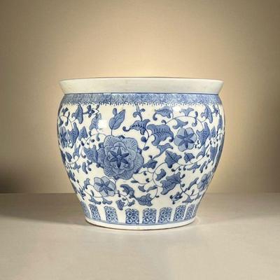 Large Blue & White Glazed Bowl | Fish bowl or jardiniere with floral blue underglaze pattern. - h. 12 x dia. 15 in 